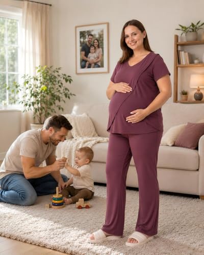 Rnxrbb V Neck Nursing Pajamas Set 3 Pack Postpartum Pjs Breastfeeding Sleepwear for Women Double Layer with Pockets,Deep Purple-L