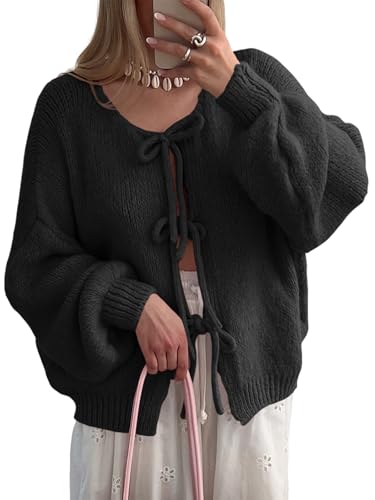 Saodimallsu Womens Tie Front Cardigan Oversized Long Sleeve Bow Sweaters - color: Black, size: X-Large