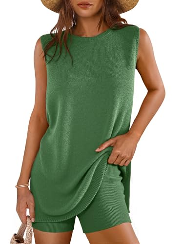 Glamaker Women's 2 Piece Short Sets Summer Lounge Sets Sweater Knit Beach Vacation Matching Sets Travel Outfits - color: Emerald Green, size: Medium