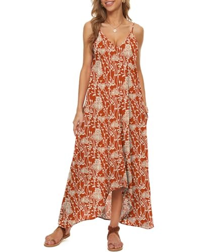 LILBETTER Women V-Neck Polka Dot Print Spaghetti Strap Boho Long Maxi Dresses - color: Flower Orange, size: Small