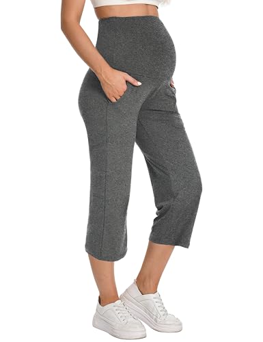 Foucome Maternity Capris Wide Leg Cropped Yoga Pants - color: Melange Grey, size: Medium