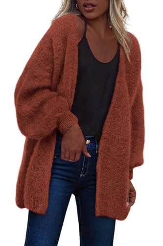 dowerme Women Open Front Slouchy Cozy Chunky Knit Cardigans - color: Brick Red, size: Small