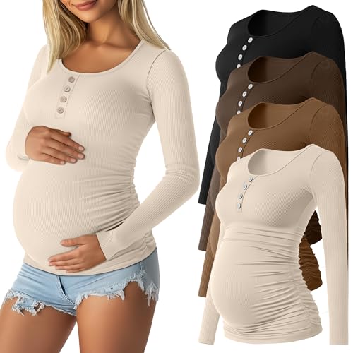 4 Pack Maternity Long Sleeve Shirts Pregnancy Tops - color: Black, Coffee, Brown, Apricot, size: Medium