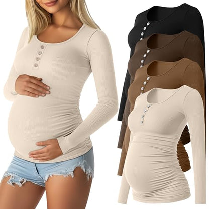 4 Pack Maternity Long Sleeve Shirts Pregnancy Tops - color: Black, Coffee, Brown, Apricot, size: Medium