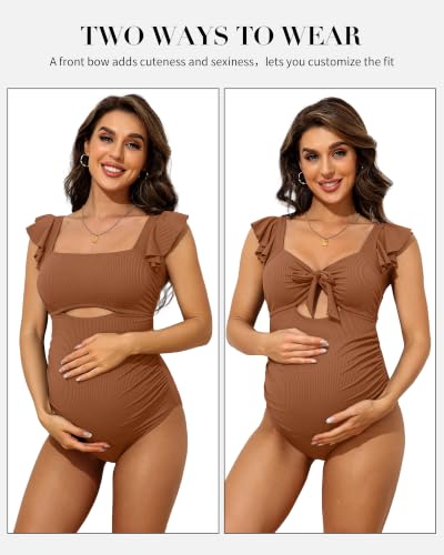 Charmo Ruffle Maternity Bathing Suits Ribbed Tie Knot Pregnancy Swimsuit - color: Caramel, size: Small