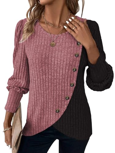 MixShe Womens Knit Sweaters 2026 Fall Winter Casual Long Sleeve Ribbed Colorblock Button Pullover Tops - color: Light Red, size: Small