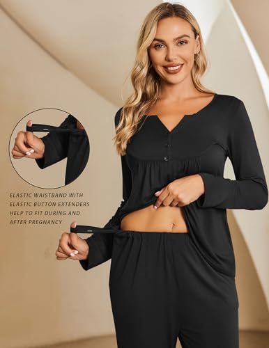 Ekouaer Maternity Nursing Pajama Set Long Sleeve Postpartum Pjs Mom Clothes - color: Black, size: Large