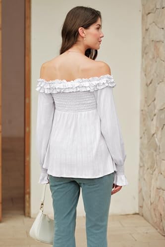 OUGES Womens Cotton Blend Off The Shoulder Maternity Tops Smocked Ruffle Sleeve Blouse Going Out Pregnancy Shirts 2025 - color: White, size: XX-Large