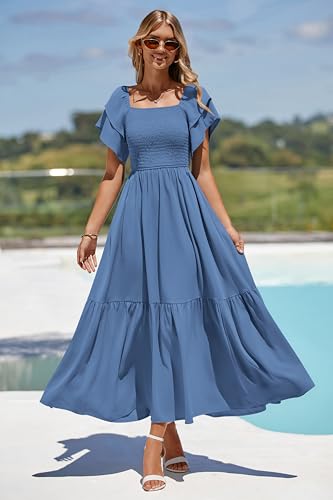 MASCOMODA Womens Summer Casual Smocked Flowy Midi Dress - color: Blue, size: Medium
