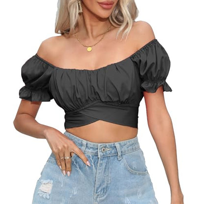Women's Crop Tops Ruffle Short Sleeve Tie Back Off Shoulder Blouse - color: Black, size: Small