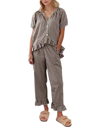 COZYPOIN 100% Cotton Pajamas for Women Set Cute Gingham Lounge Set - color: Coffee, size: X-Small