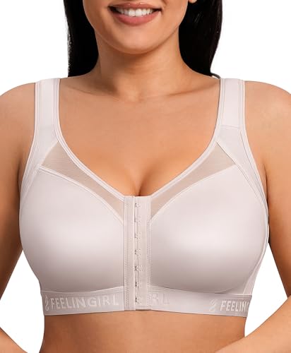 FeelinGirl Front Closure Post Surgery Compression Bra with Adjustable Straps Wireless Breast Augmentation Post Op Bras - color: Gray, size: Large