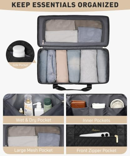 Large Travel Weekender Bags for Women: Overnight Bag with Shoe Compartment - color: 1-Black, size: Large