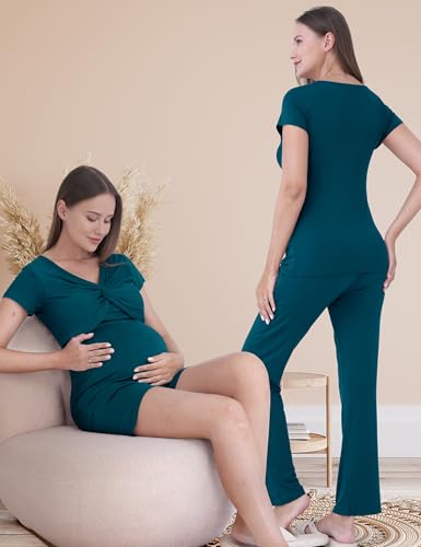 3-Piece Maternity Nursing Pajamas Set for Pregnancy & Postpartum - color: Deep Blue, size: Large