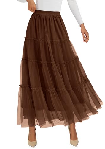 PRETTYGARDEN Women's Fall Soft Tulle Tiered Long Skirt - color: Brown, size: Large