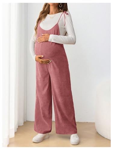 OYOANGLE Women's Maternity Overalls Spaghetti Strap Pregnancy Jumpsuits - color: Dusty Pink, size: X-Large