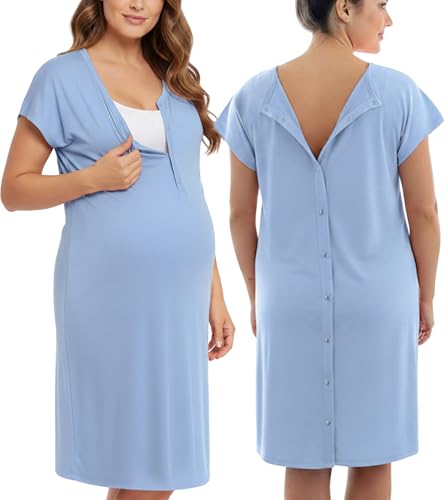 PATPAT Maternity Labor and Delivery Gown, Womens Hospital Gown with Pockets - color: Light Blue, size: Medium (Fit S/M)