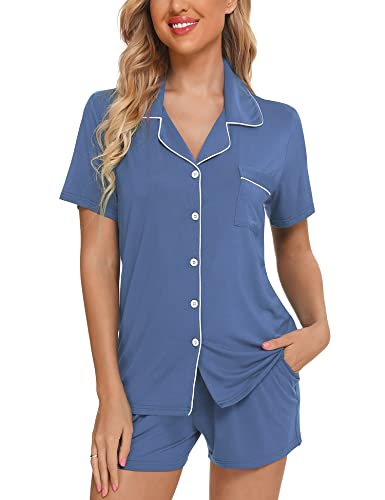 Anjue Womens Pajamas Set Short Sleeve Button Down Soft Pj Sets S-XXL - color: A.blue, size: Small