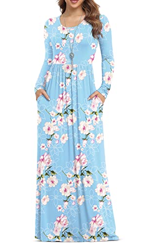 VIISHOW Women's Long Sleeve Loose Plain Maxi Dresses Casual Long Dresses with Pockets - color: 0-flower-light Blue, size: Small