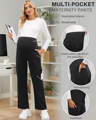 3 Pack Women's Maternity Scrub Pants with 6 Pockets - color: Black, Black, Black, size: XX-Large