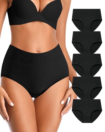Annenmy High Waisted Womens Underwear Cotton Underwear Full Coverage Briefs Stretch Breathable Ladies Panties 5 Pack - color: Black, size: Medium
