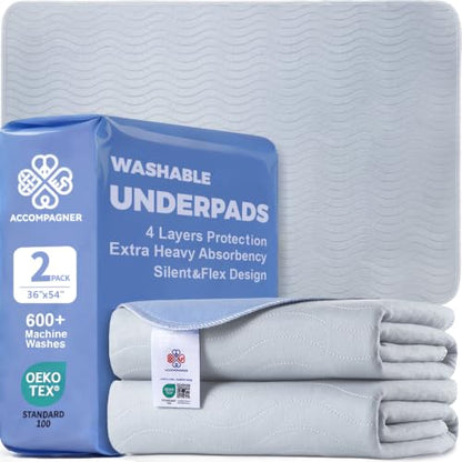 Accompagner Incontinence Bed Pads Washable Waterproof Underpads 36"x54" 2pc - color: Pearl Gray, size: 36"x54" (2 Pack)
