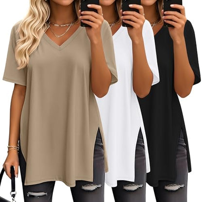 Huukeay 3 Pack Oversized Shirts for Women V Neck - color: Black, White, Khaki, size: X-Large