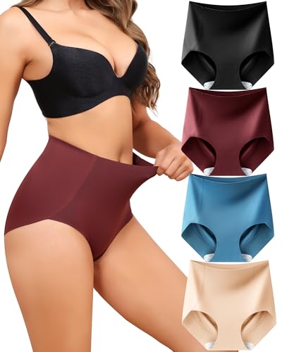 LEVAO Women's Tummy Control Underwear High Waisted Seamless Panties 4 Pack - color: Black,nude,reddish Brown,blue, size: Large
