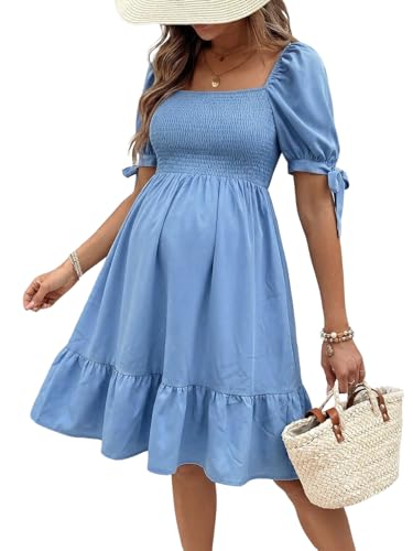 MakeMeChic Women's Maternity Floral Print Cute Baby Shower Dress Sundress - color: Blue Solid, size: Large