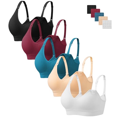 HBselect Nursing Bras for Breastfeeding 5Pack Women Maternity Bras - color: 5pack(wine Red/Lake Blue/Nude/White/Black), size: Medium