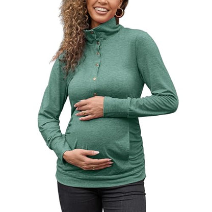 Bhome Maternity Shirt Casual Long Sleeve Half Button Front Lightweight Sweatshirts Slim Fit Pullover Tops with Pockets - color: Green, size: Medium