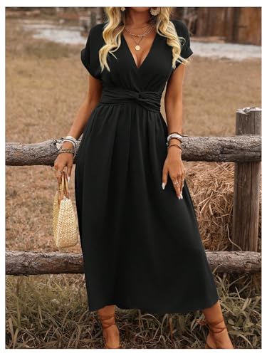 Floerns Women's Wrap V Neck Flowy Midi Dresses Short Sleeve A Line Ruched Beach Dress - color: Black, size: X-Large