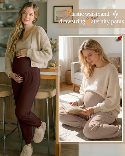 3 Pack Womens Maternity Pants Loose Pregnancy Joggers - color: Khaki, Dark Brown, Black, size: XX-Large