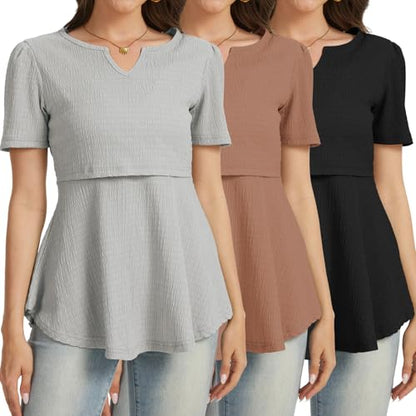Bearsland Women's Nursing Top Short Sleeve V-Neck Breastfeeding Shirts 3-Pack - color: Black & Silver Gray & Sand Brown, size: Small