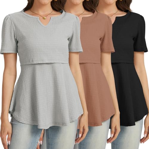 Bearsland Women's Nursing Top Short Sleeve V-Neck Breastfeeding Shirts 3-Pack - color: Black & Silver Gray & Sand Brown, size: Small