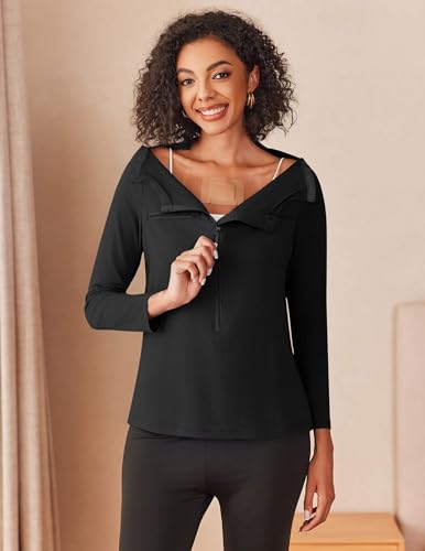 Deyeek Women's Long Sleeve Chemo Shirts Port Access Chemotherapy Apparel - color: Black, size: Medium