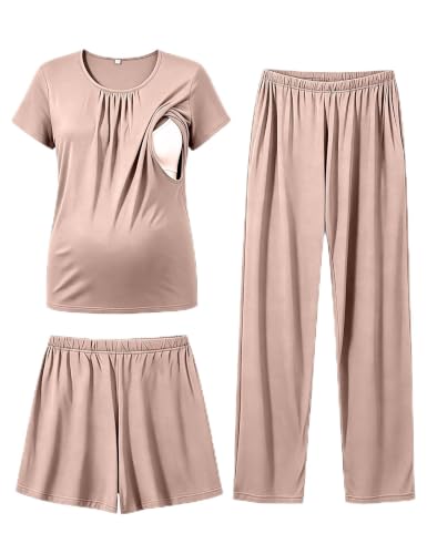 SWOMOG Women 3Pcs Maternity Pajama Set Nursing Pjs Pregnancy Set Breastfeeding Pjs Double Layer with Pockets - color: Ecru, size: XX-Large
