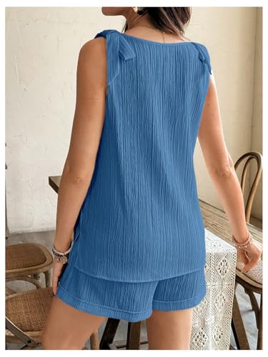 OYOANGLE Women's 2 Piece Maternity Set Textured Tie Shoulder Lounge Outfits - color: Blue, size: X-Large