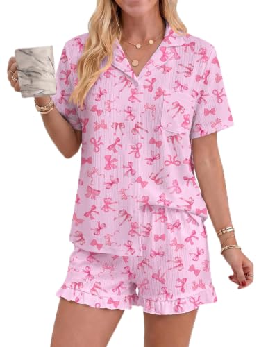 Ekouaer Women's Pajamas Sets Button Down Pjs Short Sleeve Ruffle Sleepwear - color: Bow, size: Small