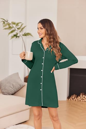 Ekouaer Womens Nightgown Long Sleeve Nightshirt Soft Button Down Sleepshirt - color: Evergreen, size: Small