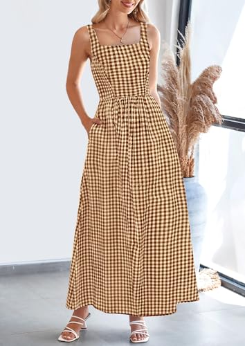 PRETTYGARDEN Women's Summer Gingham Maxi Long Dress - color: Coffee, size: Large