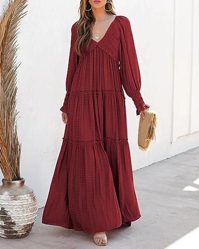 R.Vivimos Long Sleeve V Neck Flowy Maxi Dresses for Women - color: Burgundy, size: Large