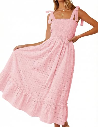 Tobrief Women's Boho Dress Summer Spaghetti Strap Square Neck Flowy Ruffle Beach Long Maxi Dress - color: A-pink, size: X-Large