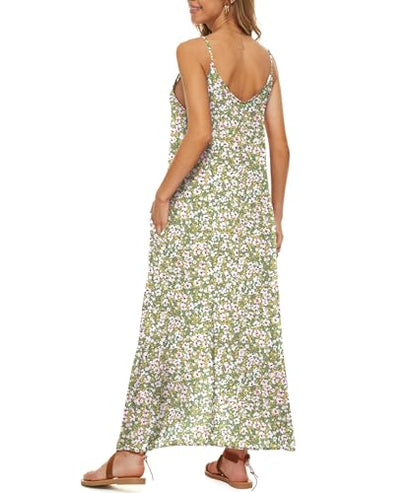 LILBETTER Women V-Neck Polka Dot Print Spaghetti Strap Boho Long Maxi Dresses - color: F Lily Green, size: Medium
