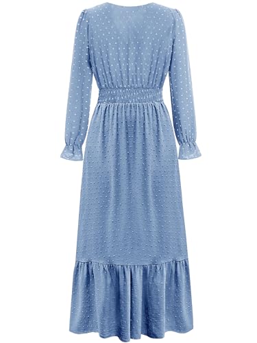 CzzzyL Women Nursing Boho Maxi Dress Swiss Dot Smocked with Pockets - color: S-lightblue, size: Medium
