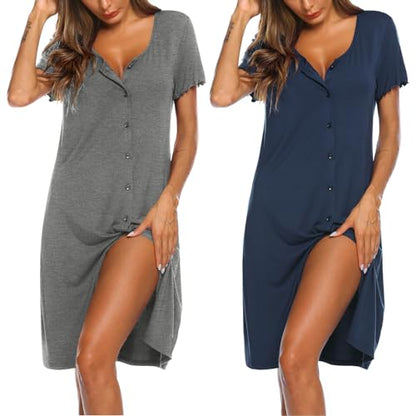 Ekouaer 2 Pack Nightgowns for Women Button Down Sleepshirts Night Gowns - color: Navy Blue, Grey, size: X-Large