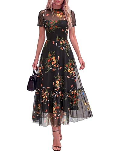 BTFBM Womens Mesh Ruffle Boho Cocktail Dresses - color: Floral Black Yellow, size: Large