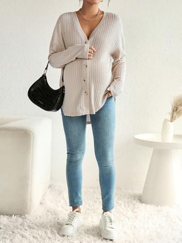 MakeMeChic Women's Maternity Shirts Knit Button Down Nursing Top - color: Apricot, size: Large