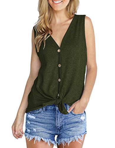 IWOLLENCE Womens Button Tank Tops Tie Front Knot - color: Army Green, size: Medium