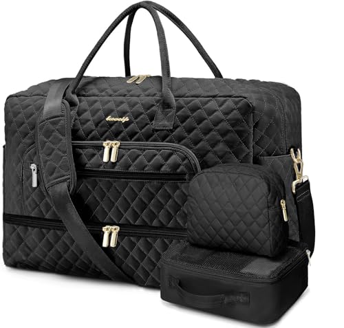 Large Women's Travel Duffel, Weekender with Shoe Compartment, Carry On Overnight Bag, Gym Duffel with Wet Pocket, Hospital Bags Set - color: Black Z - 3 Pcs